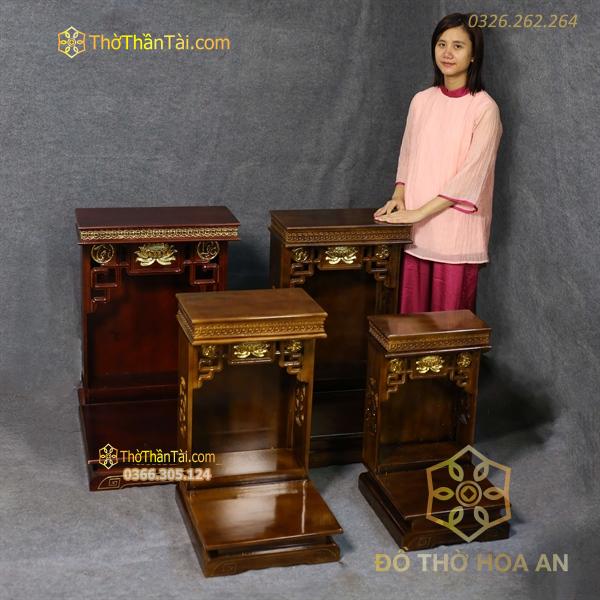 Bàn Thờ Thần Tài Hiện Đại Gỗ Sồi Triện Sen Dát Vàng Màu Nâu