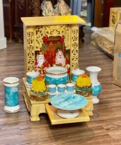 Bộ Ban Thờ Thần Tài Gỗ Xoan Mái Bằng Sứ Vân Đá Xanh