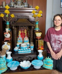 Bộ Ban Thờ Thần Tài Gỗ Gụ Một Mái Chùa Kết Hợp Sứ Vân Đá Xanh