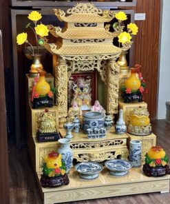 Bộ Ban Thờ Thần Tài Thổ Địa Gỗ Pơmu 3 Mái Sứ Rạn Vẽ