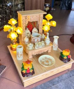 Bộ Ban Thờ Thần Tài Thổ Địa Gỗ Xoan Sứ Vàng Ngà