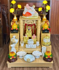Bộ Ban Thờ Thần Tài Gỗ Xoan Mái Bằng Cột Rồng Sứ Liên Hoa Trắng02