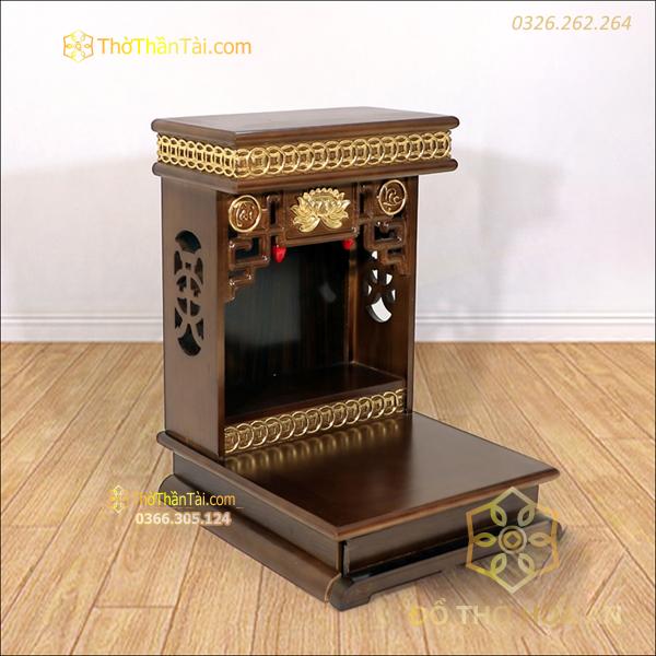 Bàn Thờ Thần Tài Hiện Đại Gỗ Sồi Triện Sen Dát Vàng Màu Nâu