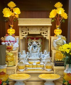 Bộ Ban Thờ Thần Tài Thổ Địa Tài Lộc Gỗ Sồi Mái Bằng Màu Vàng Sứ Vân Đá Vàng