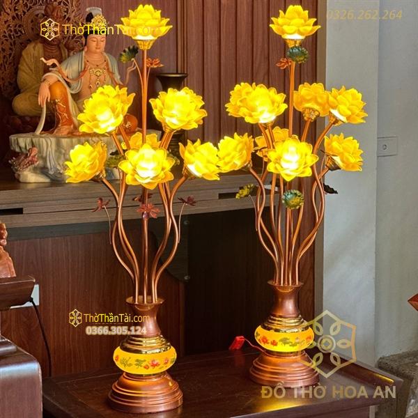 Đèn Thờ Hoa Sen 9 Bông Lưu Ly Thân Ngọc Vàng