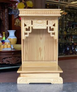 Bàn Thờ Thần Tài Hiện Đại Gỗ Sồi Triện Sen Màu Vàng