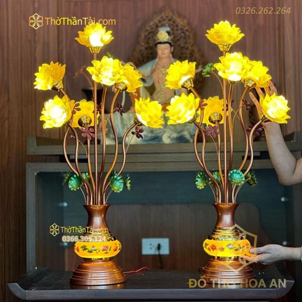 Đèn Thờ Hoa Sen 7 Bông Lưu Ly Thân Ngọc Vàng