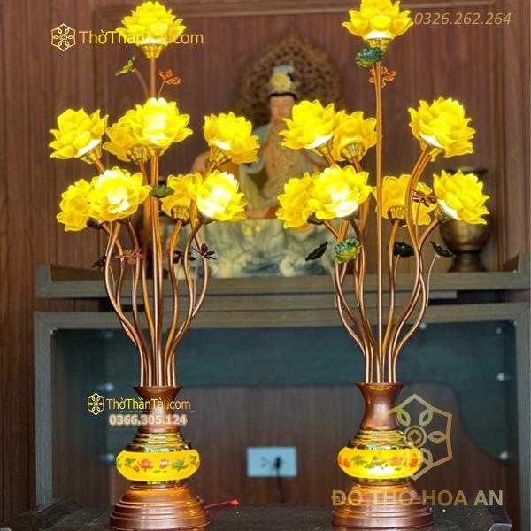 Đèn Thờ Hoa Sen 9 Bông Lưu Ly Thân Ngọc Vàng