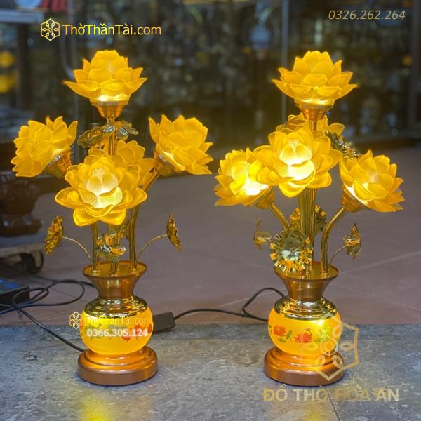 Đèn Thờ Hoa Sen 5 Bông Lưu Ly Thân Ngọc Lùn