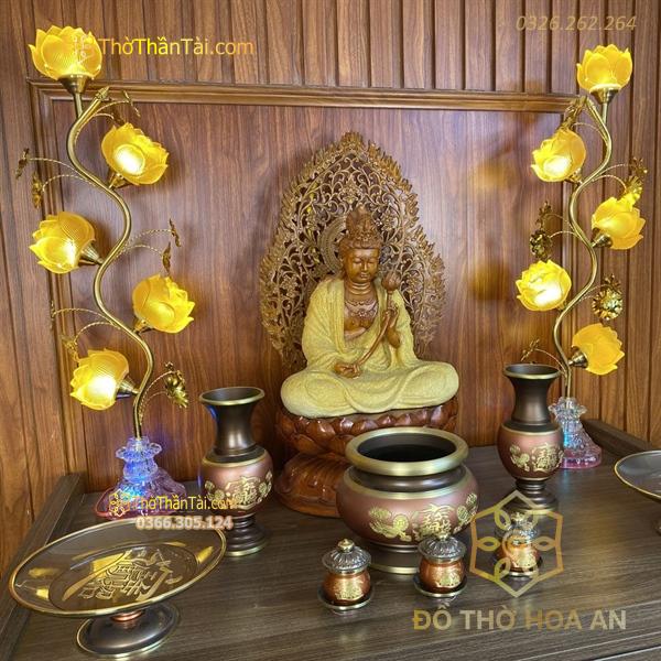 Đèn Thờ Hoa Sen 3 Bông Lưu Ly Thân Cong Pha Lê