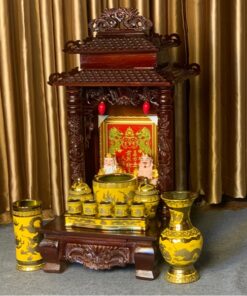Bộ Ban Thờ Thần Tài Gỗ Xoan 2 Mái Chùa Màu Nâu Sứ Kim Sa