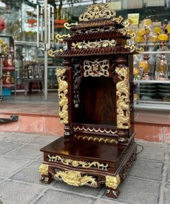 Ban Thờ Thần Tài 3 Mái Gỗ Xoan Cột Rồng Dát Vàng Màu Óc Chó
