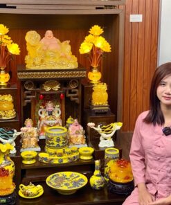 Bộ Ban Thờ Thần Tài Thổ Địa Gỗ Sồi Mái Bằng Dát Vàng Men Vàng Hoàng Kim