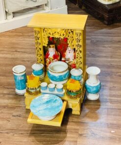 Bộ Ban Thờ Thần Tài Gỗ Xoan Mái Bằng Sứ Vân Đá Xanh