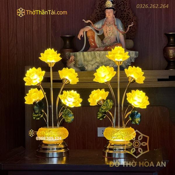 Đèn Thờ Hoa Sen 5 Bông Lưu Ly Thân Lưu Ly Bát Sen