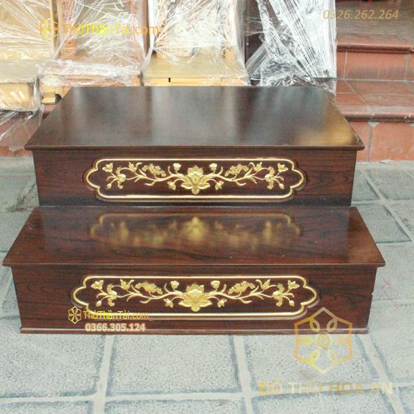 Kệ Kê Nhị Cấp/ 2 Cấp Ban Thờ Gỗ Xoan Vân Màu Óc Chó Dát Vàng