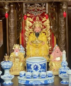Bộ Ban Thờ Thần Tài Gỗ Gụ Một Mái Chùa Kết Hợp Sứ Men Ngọc