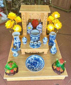 Bộ Ban Thờ Thần Tài Gỗ Xoan Mái Bằng Sứ Men Lam
