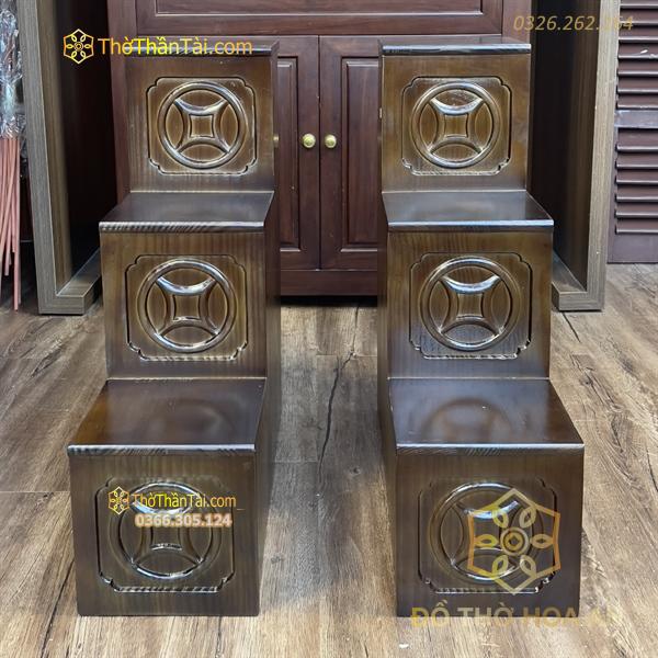 Bục Tam Cấp Kê Bàn Thờ Thần Tài Gỗ Thông Màu Óc Chó Đục Tiền