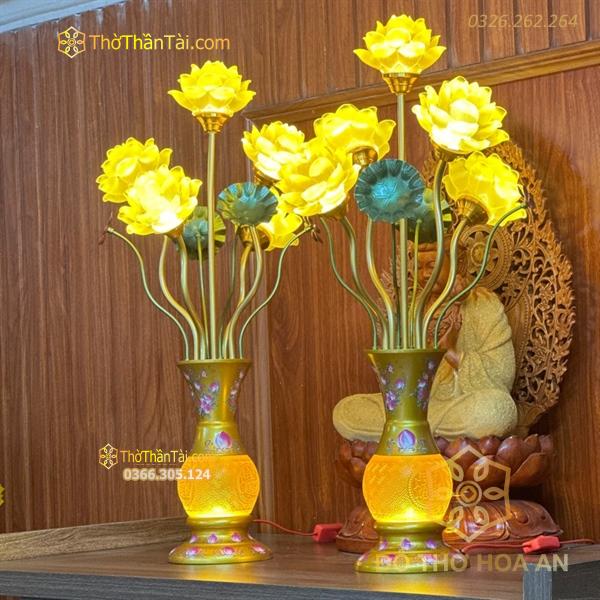 Đèn Thờ Hoa Sen 5 Bông Lưu Ly Đào Vàng