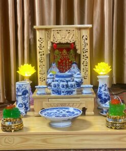 Bộ Bàn Thờ Thần Tài Gỗ Xoan Sứ Men Lam Bát Tràng