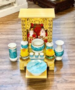 Bộ Ban Thờ Thần Tài Gỗ Xoan Mái Bằng Sứ Vân Đá Xanh