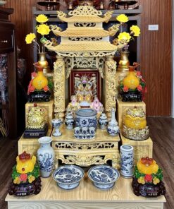 Bộ Ban Thờ Thần Tài Thổ Địa Gỗ Pơmu 3 Mái Sứ Rạn Vẽ
