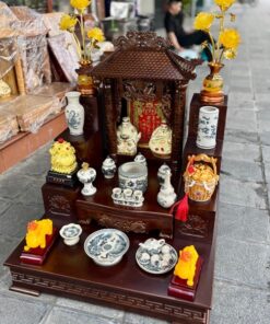 Bộ Ban Thờ Thần Tài Gỗ Xoan Đào Một Mái Chùa Màu Nâu Sứ Men Rạn Vẽ
