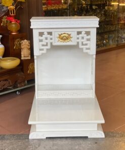 Bàn Thờ Thần Tài Hiện Đại Gỗ Sồi Triện Sen Dát Vàng Màu Trắng