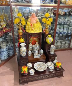 Bộ Ban Thờ Thần Tài Thổ Địa Gỗ Công Nghiệp Sứ Men Rạn Đắp Nổi