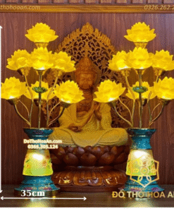 Đèn Thờ Hoa Sen 7 Bông Lưu Ly Gấm Xanh