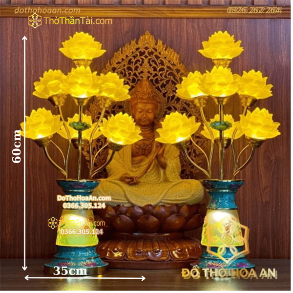 Đèn Thờ Hoa Sen 7 Bông Lưu Ly Gấm Xanh