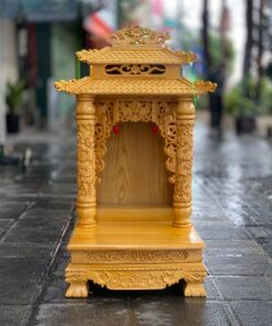 Ban Thờ Thần Tài Cột Rồng Gỗ Xoan Đào 2 Mái Chùa Màu Vàng