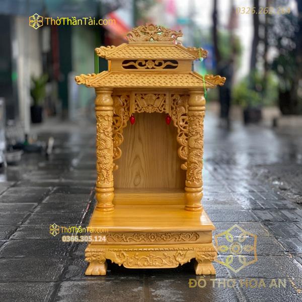 Ban Thờ Thần Tài Cột Rồng Gỗ Xoan Đào 2 Mái Chùa Màu Vàng