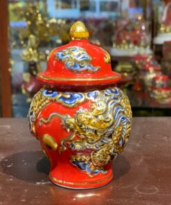 Chóe Thờ Đắp Nổi Rồng Men Đỏ Vẽ Vàng 24K