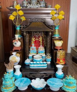 Bộ Ban Thờ Thần Tài Gỗ Gụ Một Mái Chùa Kết Hợp Sứ Vân Đá Xanh