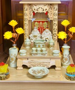 Bộ Ban Thờ Thần Tài Gỗ Xoan Chân Quỳ Mái Bằng Màu Vàng Sứ Vàng Ngà