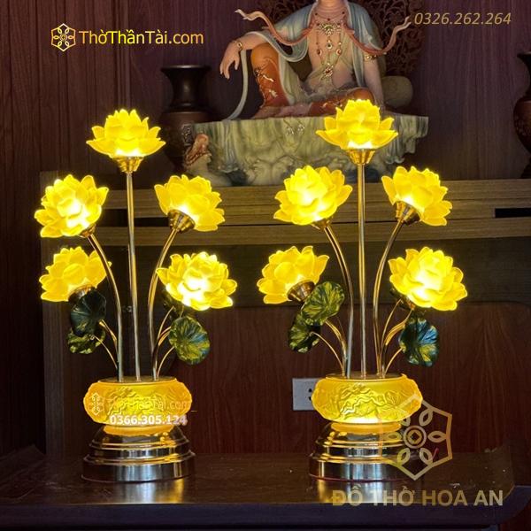 Đèn Thờ Hoa Sen 5 Bông Lưu Ly Thân Lưu Ly Bát Sen