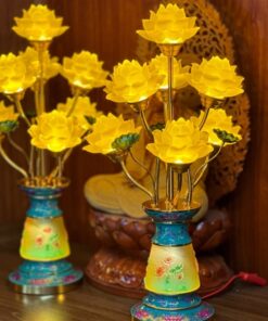 Đèn Thờ Hoa Sen 7 Bông Lưu Ly Gấm Xanh