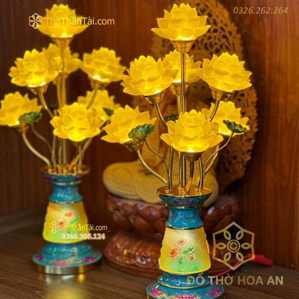 Đèn Thờ Hoa Sen 7 Bông Lưu Ly Gấm Xanh