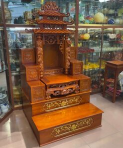 Bộ Ban Thờ Thần Tài 3 Mái Gỗ Xoan Màu Hương