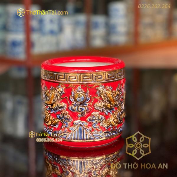 Bát Hương Men Đỏ Vẽ Vàng 24K