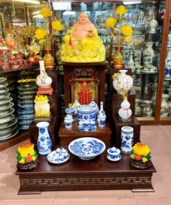 Bộ Đồ Thờ Thần Tài Gỗ Công Nghiệp Sứ Men Lam
