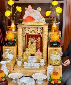 Bộ Ban Thờ Thần Tài Gỗ Xoan Mái Bằng Cột Rồng Sứ Liên Hoa Trắng02