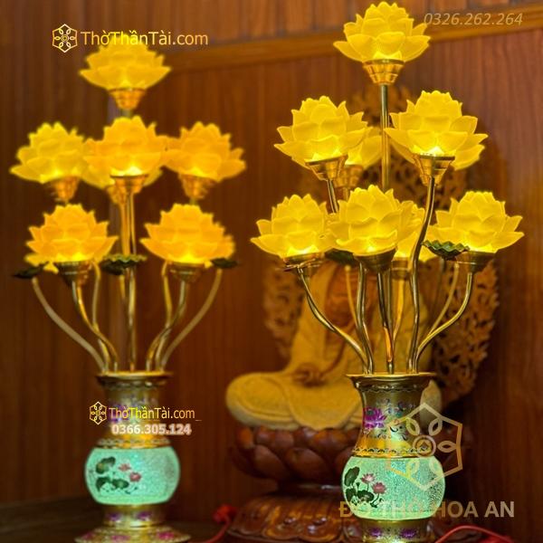 Đèn Thờ Hoa Sen 9 Bông Lưu Ly Thân Ngọc Gấm