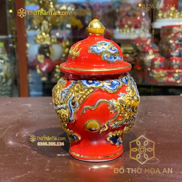 Chóe Thờ Đắp Nổi Rồng Men Đỏ Vẽ Vàng 24K