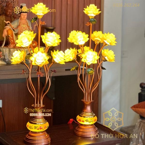 Đèn Thờ Hoa Sen 9 Bông Lưu Ly Thân Ngọc Vàng