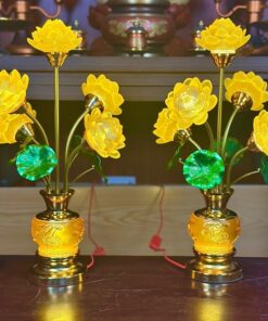 Đèn Thờ 5 Bông Hoa Sen Lưu Ly Thân Nổi Lá Xanh