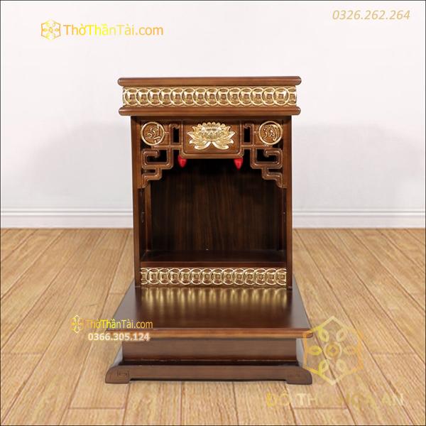 Bàn Thờ Thần Tài Hiện Đại Gỗ Sồi Triện Sen Dát Vàng Màu Nâu