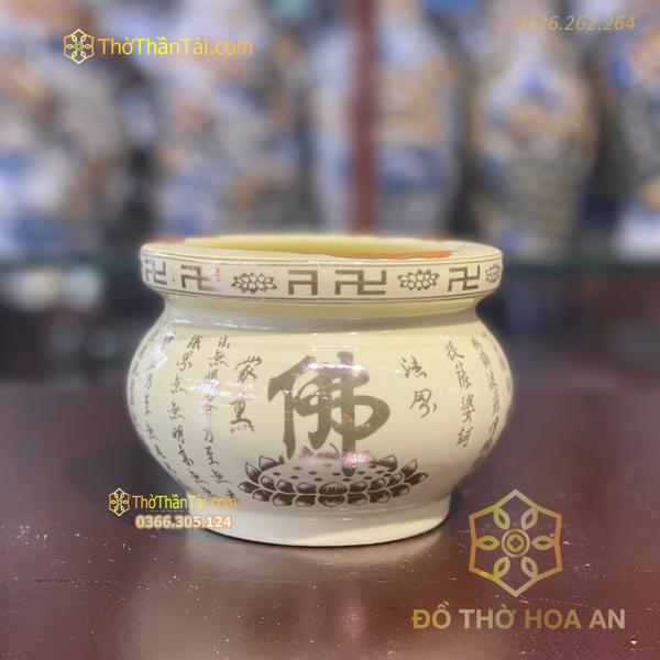 Bát Hương Kinh Bát Nhã Chữ Phật Men Màu Ngà
